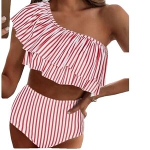 Vimpunec Striped One-Shoulder Ruffle Bikini Set Red White